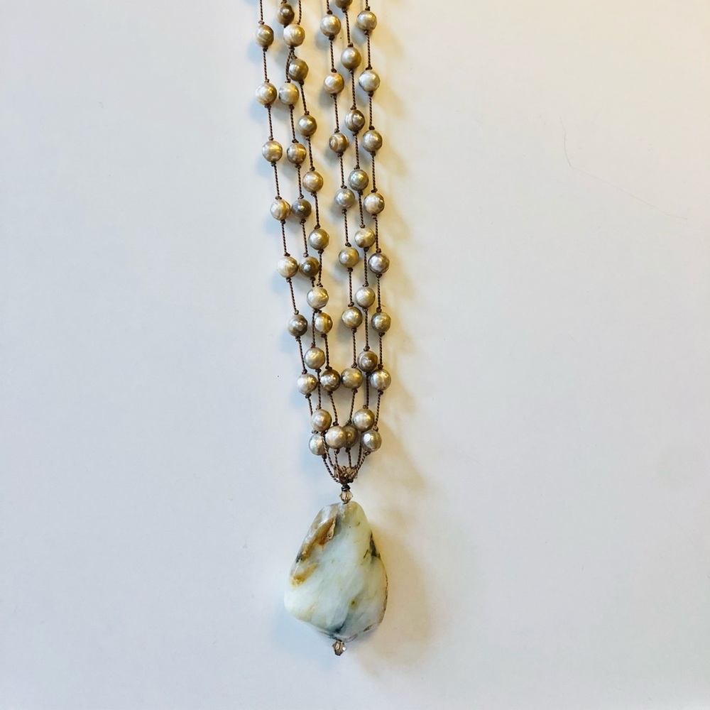 Margo Morrison brown freshwater Pearl multi strand choker w large stone pendant